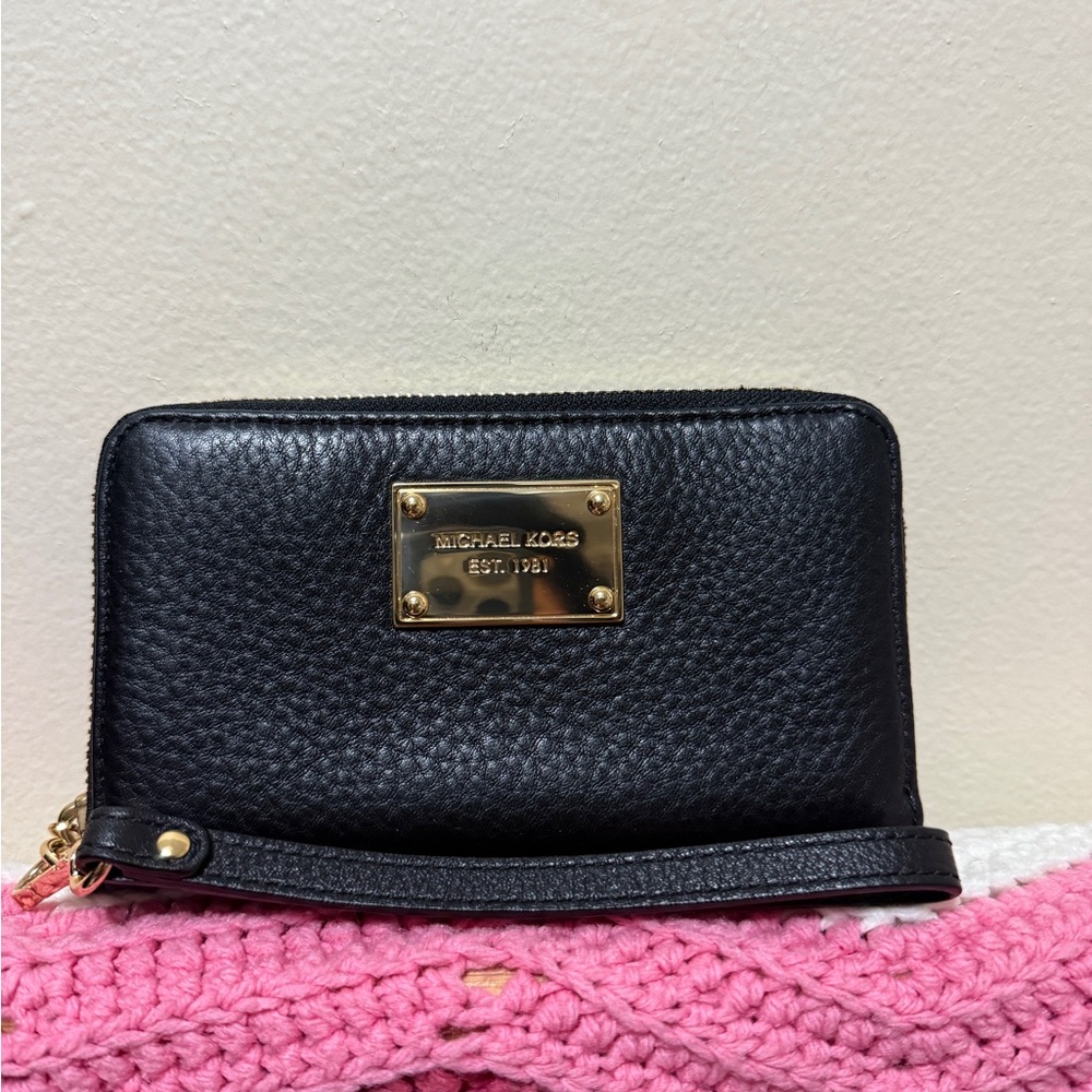 Michael Kors Black Leather Wristlet with Gold Accents